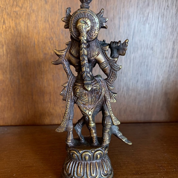 Bronze Krishna Standing on a Lotus Playing the Flute Figurine Brass Statue - Picture 4 of 9